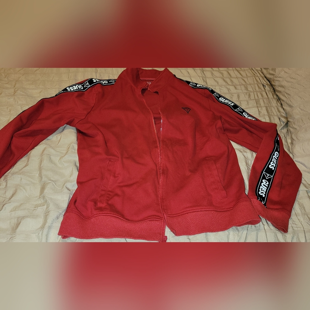 Guess Cherry Red Logo Jacket MENS XL A Few Stains On Back Arms View Pics